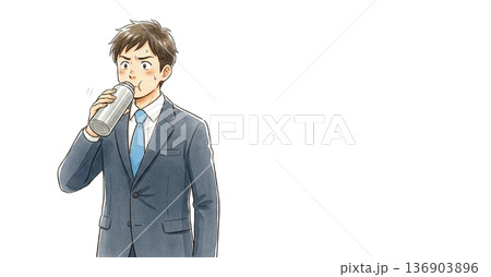 緊張して水筒のお茶を飲んでいる 136903896