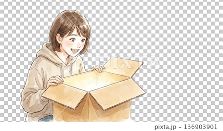 打開紙箱，興奮地往裡面看。 136903901