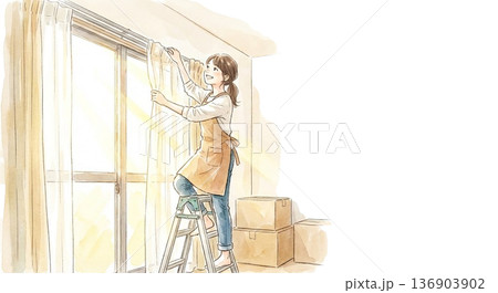 カーテンを取り付けている脚立の上の姿 136903902