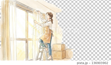 カーテンを取り付けている脚立の上の姿 136903902