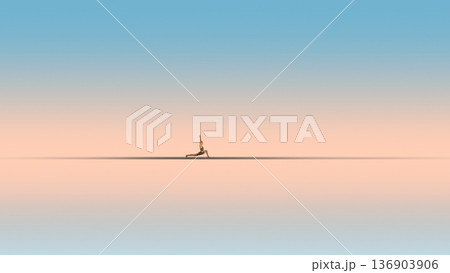 Minimal composition. Woman practicing yoga lunge on endless pastel horizon. 136903906