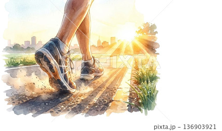 早起きしてランニングをしている足元と朝日 早起きしてランニングをしている足元と朝日 136903921