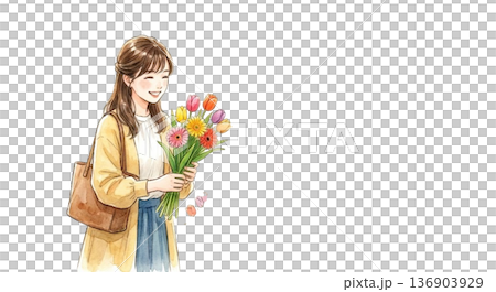 花屋でガーベラやチューリップを選んでいる 136903929