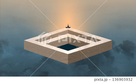 Conceptual design. Woman meditating on floating geometric structure above clouds. 136903932