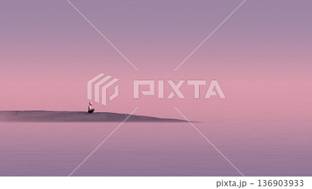 Dreamlike artwork. Person meditating alone on pink shore horizon. 136903933