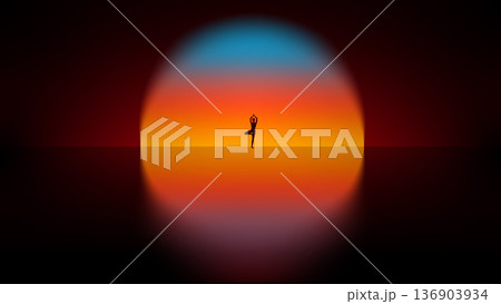 Vibrant poster. Silhouette in tree pose against glowing sunset circle. 136903934