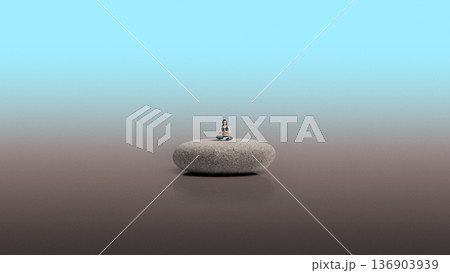 Surreal composition. Woman meditating on stone in vast minimal landscape. 136903939