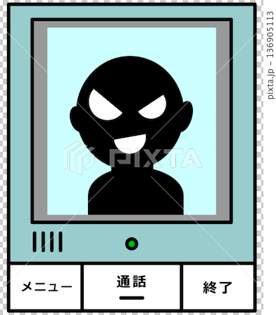 Illustration of a suspicious salesman or suspicious person appearing on a residential intercom Illustration of a suspicious salesman or suspicious person appearing on a residential intercom 136905113