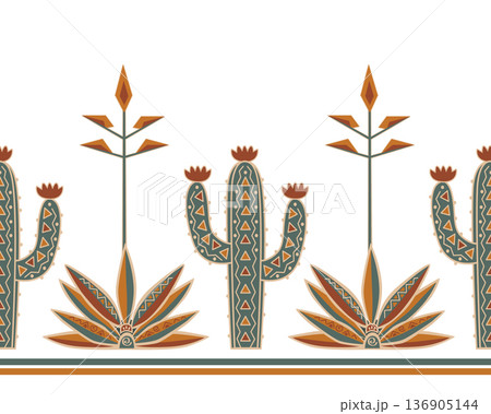 Blue tequila agave in blossom and Saguaro cactus stylized seamless pattern. Border drawing in tribal etno style. Vector isolated illustration Blue tequila agave in blossom and Saguaro cactus stylized seamless pattern. Border drawing in tribal etno style. Vector isolated illustration 136905144