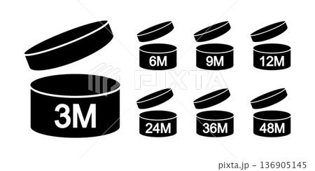 Set of PAO icons. Period after opening symbols. Jars with open lids and months numbers. Product freshness time. Cosmetic validity labels isolated on white background. Vector graphic illustration Set of PAO icons. Period after opening symbols. Jars with open lids and months numbers. Product freshness time. Cosmetic validity labels isolated on white background. Vector graphic illustration 136905145