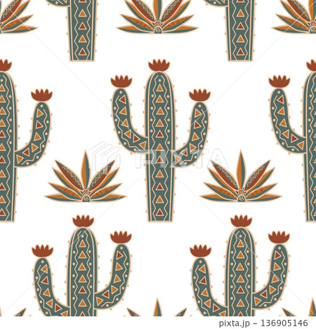 Doodle patterned cactus and blue agaves seamless background. Cacti with ornament vector illustration. 136905146