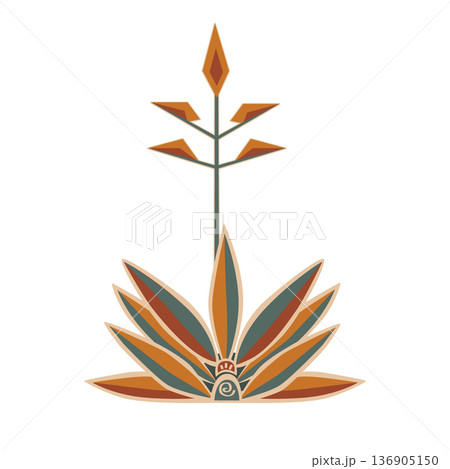 Blue agave or tequila agave plant in blossom. Drawing in tribal etno style. Vector isolated illustration. 136905150