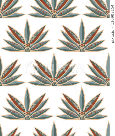 Blue tequila agave plant seamless pattern. Drawing in tribal etno style. Vector background illustration 136905154