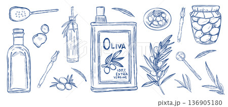 Olive oil and pickled olives vintage botanical engraving collection 136905180