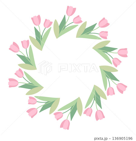 Round frame with pink tulips. Spring and summer wreath with delicate flowers. Green plant motif is perfect for cards and prints. 136905196