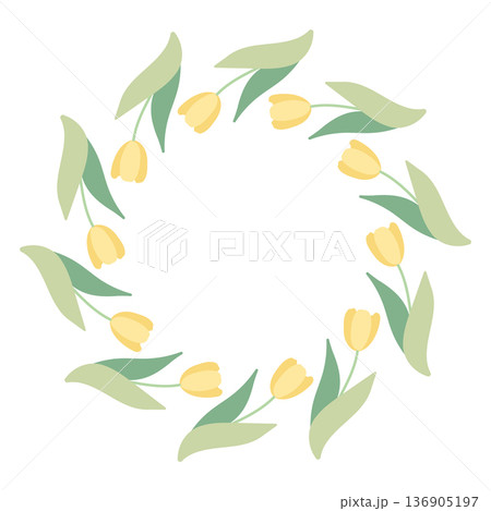Round frame with yellow tulips. Spring and summer wreath with delicate flowers. Green plant motif is perfect for cards and prints. 136905197
