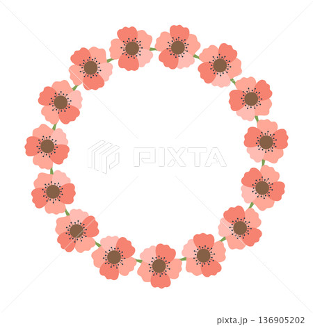 Round frame with red poppies. Spring and summer wreath with delicate flowers. Green plant motif is perfect for cards and prints. 136905202
