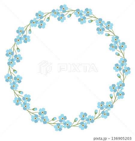 Round frame with blue forget-me-nots. Spring and summer wreath with delicate flowers. Green plant motif is perfect for cards and prints. Round frame with blue forget-me-nots. Spring and summer wreath with delicate flowers. Green plant motif is perfect for cards and prints. 136905203