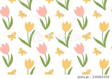 Seamless pattern with tulip and butterfly. Spring and summer design with delicate flowers. Green plant motif is perfect for fabric, cards, and prints. Seamless pattern with tulip and butterfly. Spring and summer design with delicate flowers. Green plant motif is perfect for fabric, cards, and prints. 136905204