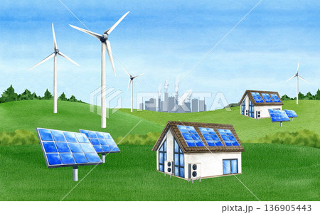 Environment preservation illustration with copy space. Solar panel, wind turbine, house on green field against backdrop of urban grey city landscape, smoke stack. Banner of Alternative electricity Environment preservation illustration with copy space. Solar panel, wind turbine, house on green field against backdrop of urban grey city landscape, smoke stack. Banner of Alternative electricity 136905443