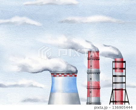 Industrial factories with dark toxic smoke banner, chimneys, power plants, blue sky with copy space. For ecological, environmental posters, climate change, pollution articles, watercolor border 136905444