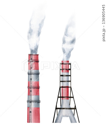 Industrial Air Pollution Watercolor Factory Pipes and Toxic Smoke Isolated. Industrial Air Pollution Watercolor Factory Pipes and Toxic Smoke Isolated. 136905445