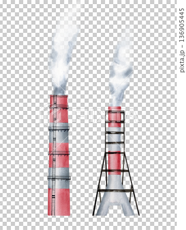Industrial Air Pollution Watercolor Factory Pipes and Toxic Smoke Isolated. 136905445