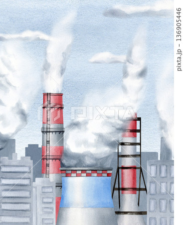 Industrial factories with dark toxic smoke banner, chimneys, power plants near grey city and blue sky. For ecological, environmental posters, climate change infographics, pollution articles Industrial factories with dark toxic smoke banner, chimneys, power plants near grey city and blue sky. For ecological, environmental posters, climate change infographics, pollution articles 136905446