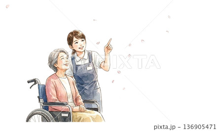車椅子で桜を見に来ているシニアと介護士 136905471