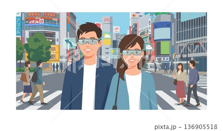 スマートグラスをかけて街を歩く若者 136905518