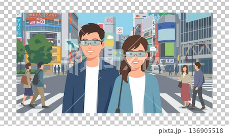 スマートグラスをかけて街を歩く若者 136905518