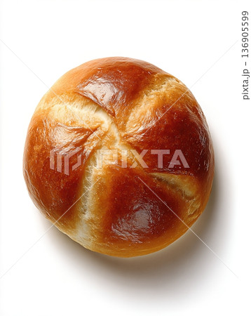 Golden Brown Kaiser Roll Bread Bun Isolated on White Background - Overhead Top View of Single Fresh Crusty Roll for Sandwiches and Breakfast Golden Brown Kaiser Roll Bread Bun Isolated on White Background - Overhead Top View of Single Fresh Crusty Roll for Sandwiches and Breakfast 136905599
