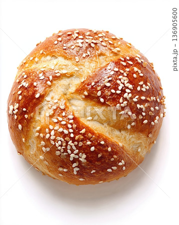 Golden Brown Kaiser Roll Bread Bun Isolated on White Background - Overhead Top View of Single Fresh Crusty Roll for Sandwiches and Breakfast Golden Brown Kaiser Roll Bread Bun Isolated on White Background - Overhead Top View of Single Fresh Crusty Roll for Sandwiches and Breakfast 136905600