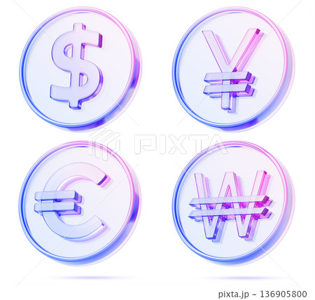 3d glass holographic coins set - dollar, euro, japanese yen, korean won. European and Asian money icons with currency symbol. JPY stablecoin for cryptocurrency exchange, crypto casino. 3D illustration 3d glass holographic coins set - dollar, euro, japanese yen, korean won. European and Asian money icons with currency symbol. JPY stablecoin for cryptocurrency exchange, crypto casino. 3D illustration 136905800