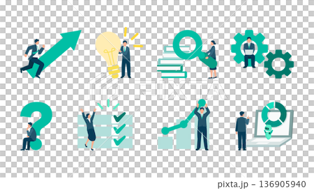 Businessman concept illustration set: Gears, light bulbs, rising graphs, and arrows express business efficiency and digital transformation 136905940