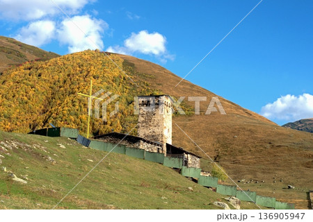The old Orthodox church of Lamaria in the village of Ushguli, Georgia. 136905947