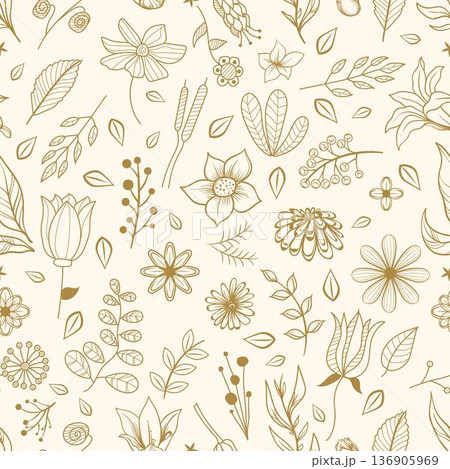 Seamless Floral Line Art Golden Vector Pattern Seamless Floral Line Art Golden Vector Pattern 136905969