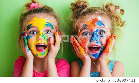 Children enjoy a colorful painting activity in a bright indoor setting with vibrant wall colors and playful expressions captured in a cheerful atmosphere Children enjoy a colorful painting activity in a bright indoor setting with vibrant wall colors and playful expressions captured in a cheerful atmosphere 136907411