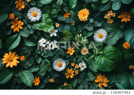 Vibrant floral arrangement featuring various flowers and lush green leaves during daylight hours 136907491