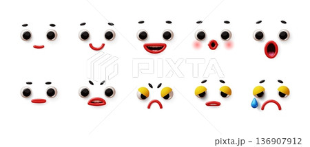 3d cartoon faces elements. Funny mascot emotions and facial expressions, happiness, fun, sadness, anger, moods and reactions for communication, cute parts, classy vector render graphic set 136907912