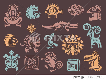 Aztec tribal elements. Maya civilization ancient graphic, ethnic mexican ornaments, animals patterns, hand drawn simple stylized silhouettes, monkey and dragon splendid vector isolated set 136907990
