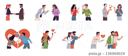 Betrayal people. Hypocrites, fake friends and liars, dishonesty characters, emotional abuse, couple breakup negative emotions, psychological scenes, nowaday vector cartoon isolated set 136908029