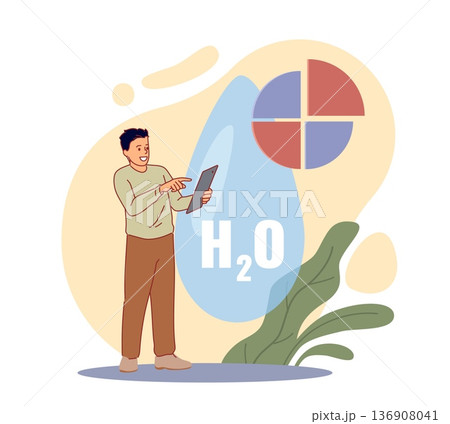 Conscious water consumption. Expenses calculation, non renewable resource, saving liquid, hydration monitoring and water quality analytics, chart statistics vector cartoon isolated concept 136908041
