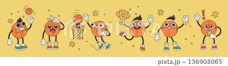 Funny basketball ball characters. Groovy athletic mascot, cartoon retro style, different playful poses, actions and happy emotions, luck symbol, motivation victory, garish vector comic set Funny basketball ball characters. Groovy athletic mascot, cartoon retro style, different playful poses, actions and happy emotions, luck symbol, motivation victory, garish vector comic set 136908065