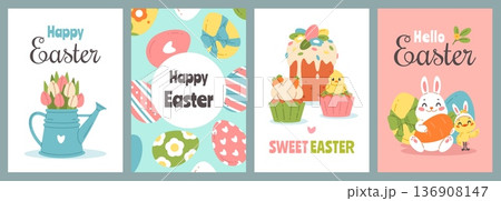 Happy easter cards. Spring holiday funny elements, greeting postcards design, funny bunny, cute chickens and colored eggs, decorations vertical template, classy vector cartoon isolated set Happy easter cards. Spring holiday funny elements, greeting postcards design, funny bunny, cute chickens and colored eggs, decorations vertical template, classy vector cartoon isolated set 136908147