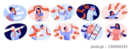 Helping hands. Mental suppression psychology scene, control, abuse, manipulations, providing support, liberating people, arm pointing gesture, victim person tidy vector cartoon isolated set 136908165