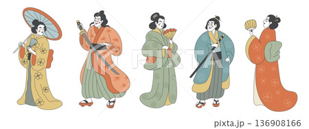 Japanese traditional dress people. Funny retro characters in national kimono, geisha and samurai, cartoon ukiyo e style with fan and sword, garish vector cultural ceremony and theatrical set 136908166