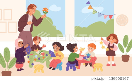 Kids make paper craft with teacher. Children in kindergarten cut out figures from colored paperboard, handmade crafts, happy boys and girls make collages garish vector cartoon flat concept Kids make paper craft with teacher. Children in kindergarten cut out figures from colored paperboard, handmade crafts, happy boys and girls make collages garish vector cartoon flat concept 136908167