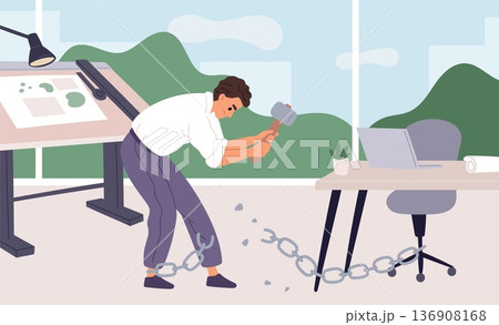 Liberation from bonds. Office employee breaks chains, guy gets released from his workplace, dismissal from work, workplace motivation, overcoming barriers garish vector cartoon concept 136908168