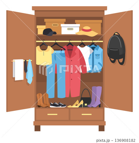 Open wardrobe with female clothes. Home storage showing organized garments, shoes, accessories and boxes inside closet, cleaning and storing things. Vector cartoon isolated illustration 136908182